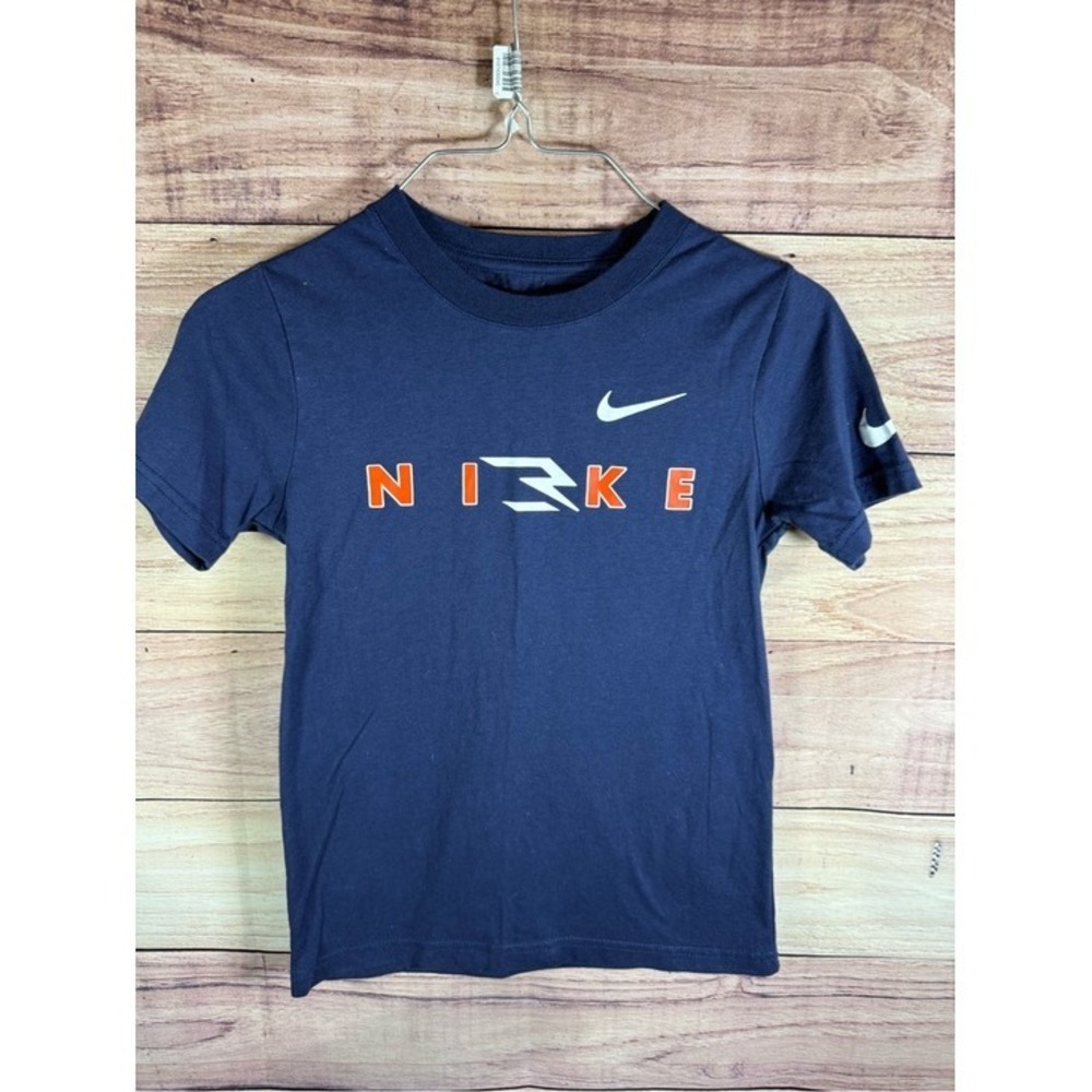 Nike 3 Brand Boys Navy Short Sleeve Tee Orange White Logo Small 8-10 1969230
